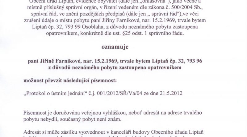 Vyhlaska o moznost prevzit pisemnost